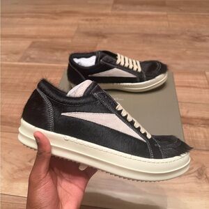 Rick Owens Black and Cream Low-Top Sneakers